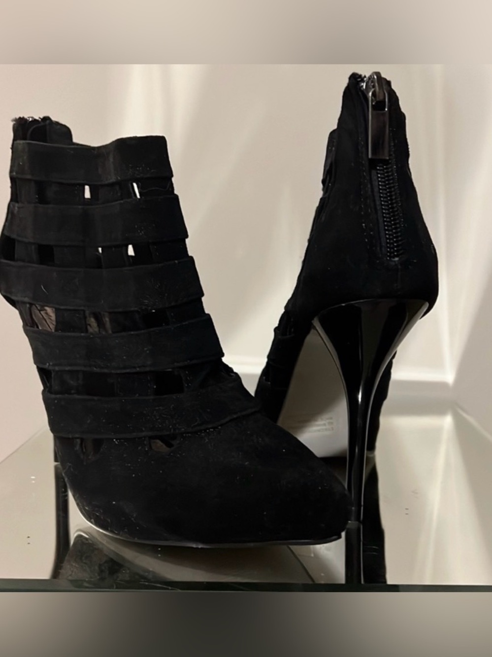 Black Strappy Faux Suede Stiletto Booties